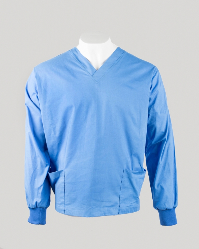 Hospital Blue Long Sleeve Medical Scrub Top Elastic Cuff 100% Cotton