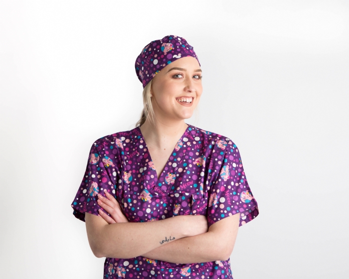 Purple Pink Panther Short Sleeve Scrub Top 100% Cotton