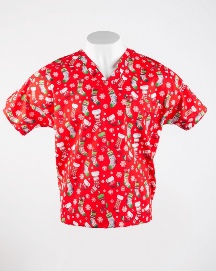 Christmas Stocking Short Sleeve Scrub Top 100% Cotton