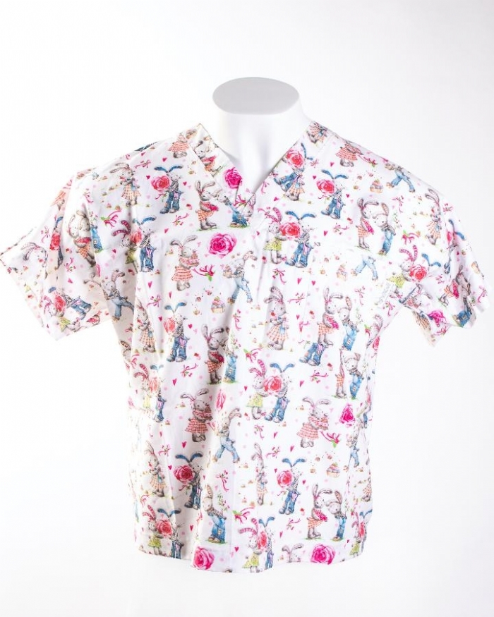  Loved Up Rabbits Short Sleeve Scrub Top 100% Cotton