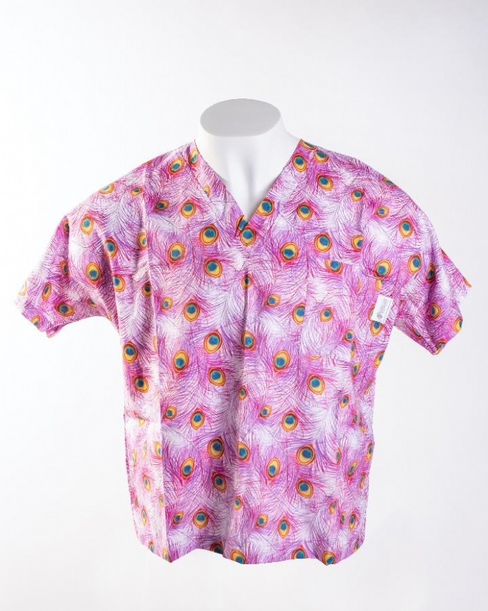 Peacock Feathers Short Sleeve Scrub Top 100% Cotton