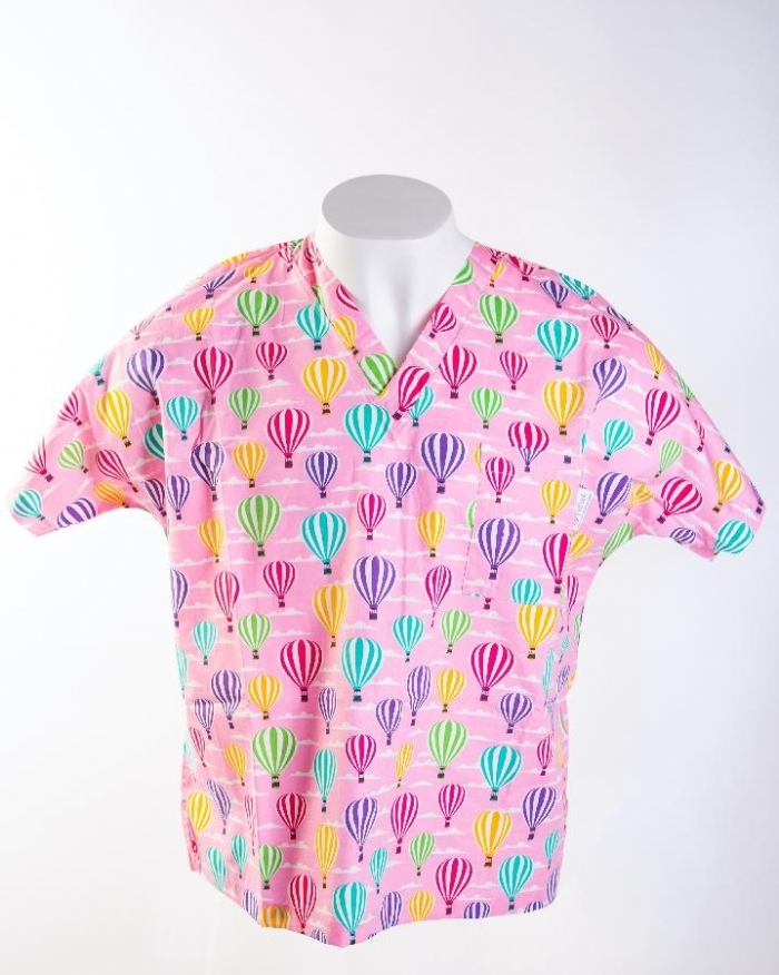 Pink Hot Air Balloons Short Sleeve Scrub Top 100% Cotton