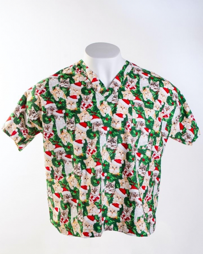 Christmas Cats Short Sleeve Scrub Top 100% Cotton