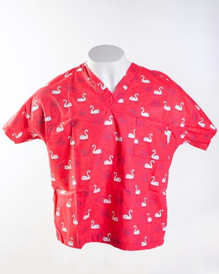 Red Majestic Swan Short Sleeve Scrub Top 100% Cotton