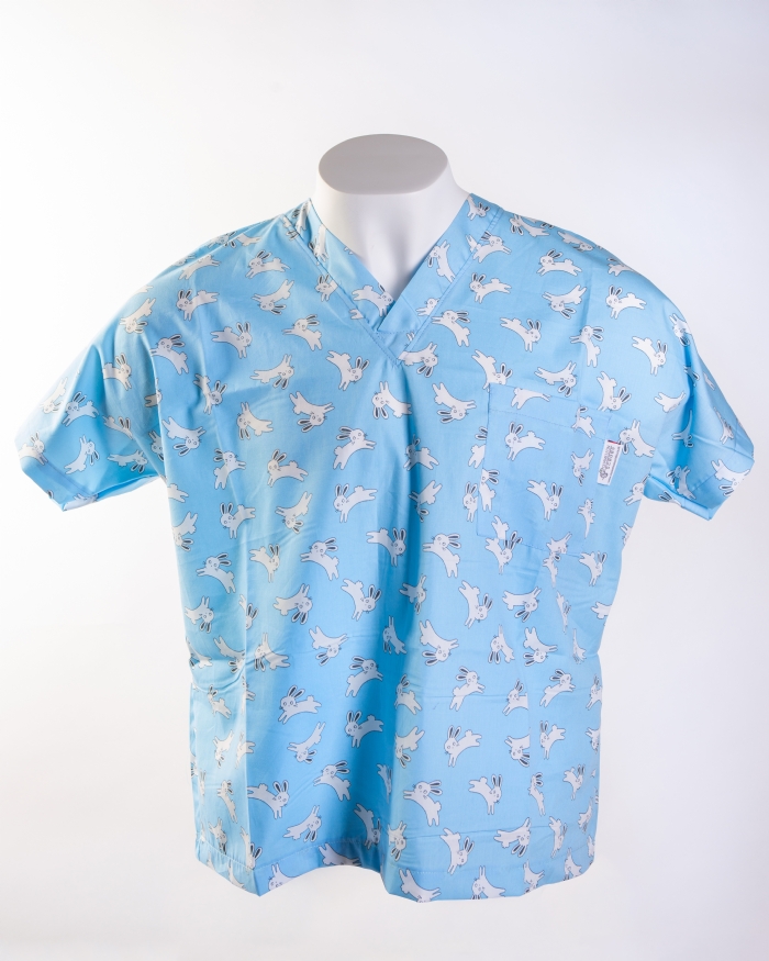 Blue Jumping Rabbits Short Sleeve Scrub Top 100% Cotton