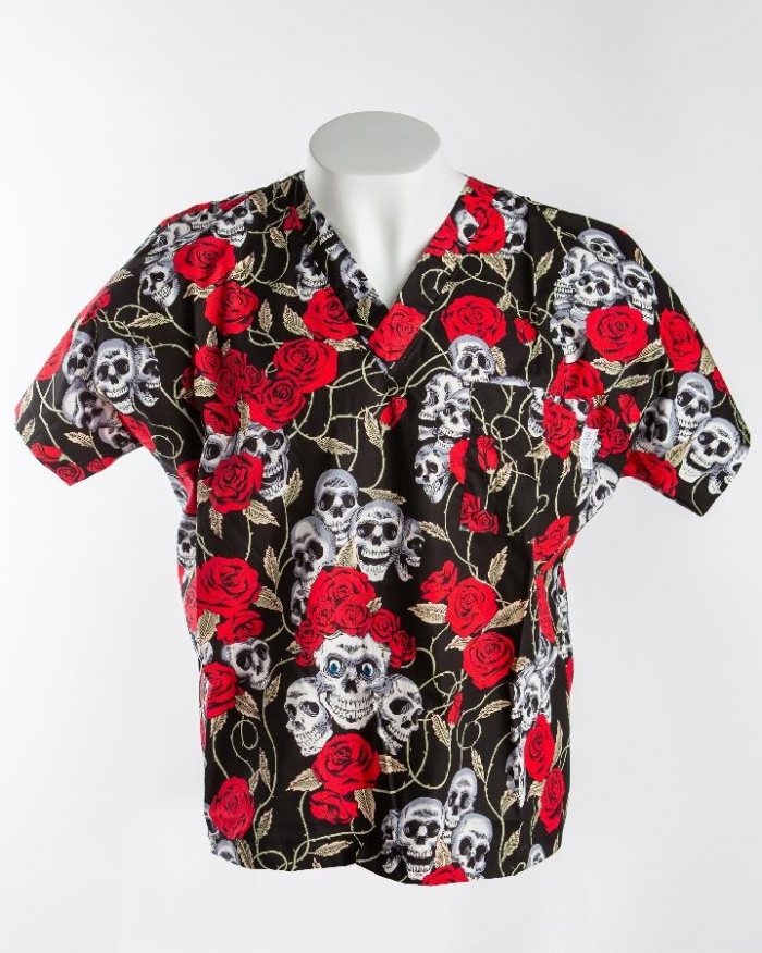 Skull & Rose Halloween Short Sleeve Scrub Top 100% Cotton