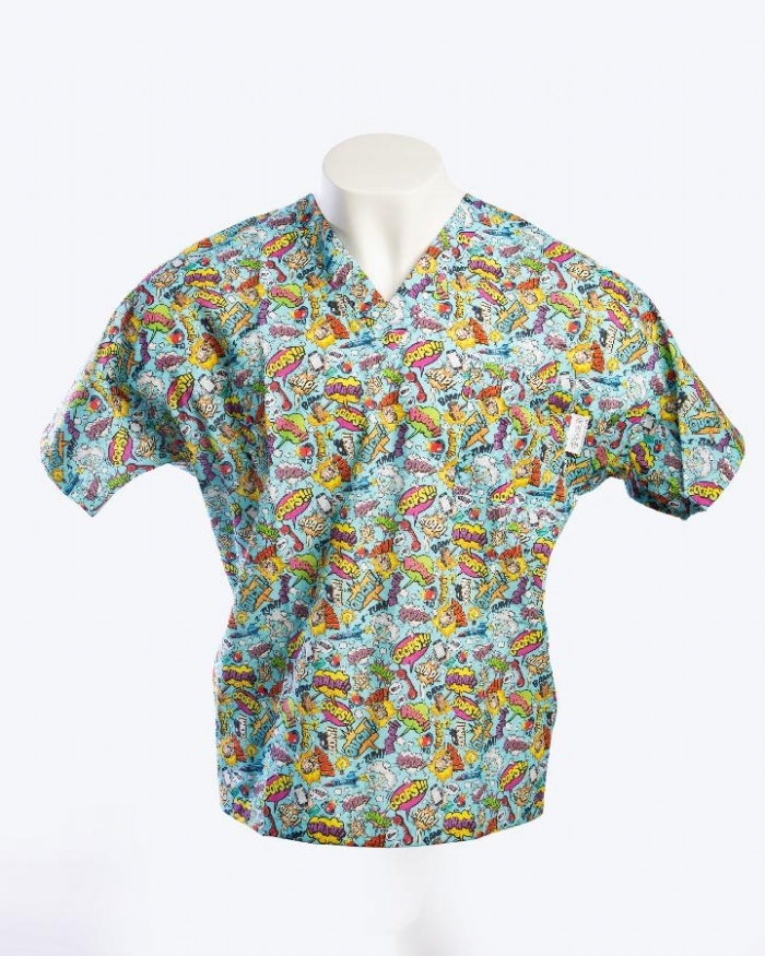  Cartoon Fight Short Sleeve Scrub Top 100% Cotton