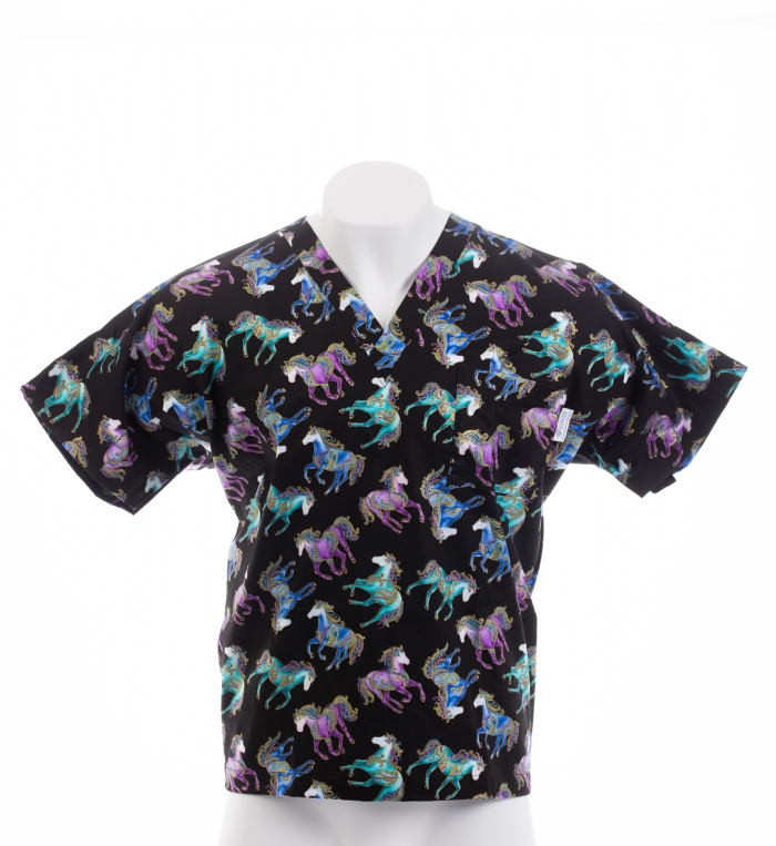 Retro Dancing Horses Short Sleeve Scrub Top 100% Cotton