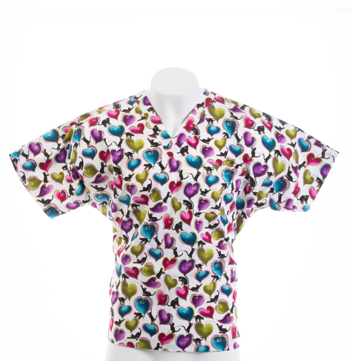 Cats Love Hearts Short Sleeve Scrub Top 100% Cotton