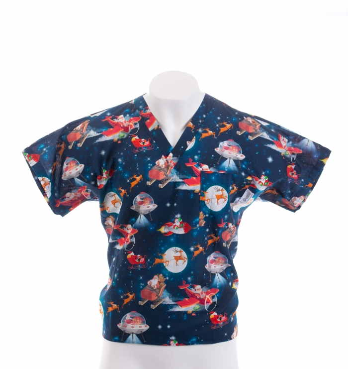  Father Christmas In Space Short Sleeve Scrub Top 100% Cotton