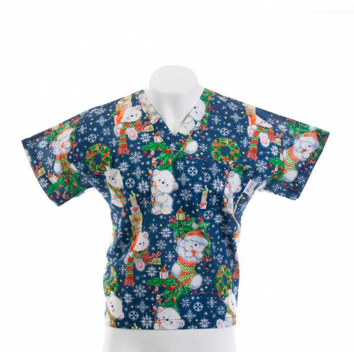  Teddy In The Christmas Stocking Short Sleeve Scrub Top 100% Cotton