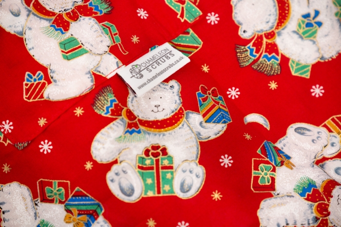Red Christmas Bear Short Sleeve Scrub Top 100% Cotton