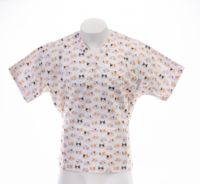 Kitty Cat White Short Sleeve Scrub Top 100% Cotton