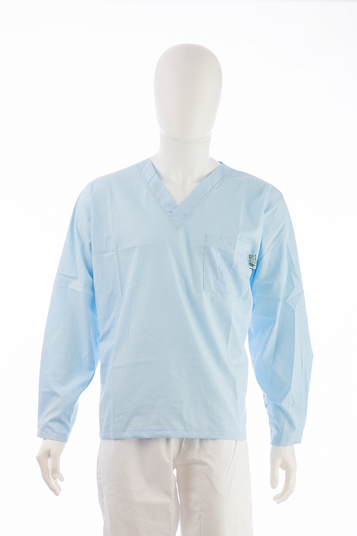 Pale Blue Long Sleeve Scrub Top Velcro Cuff 100% Cotton