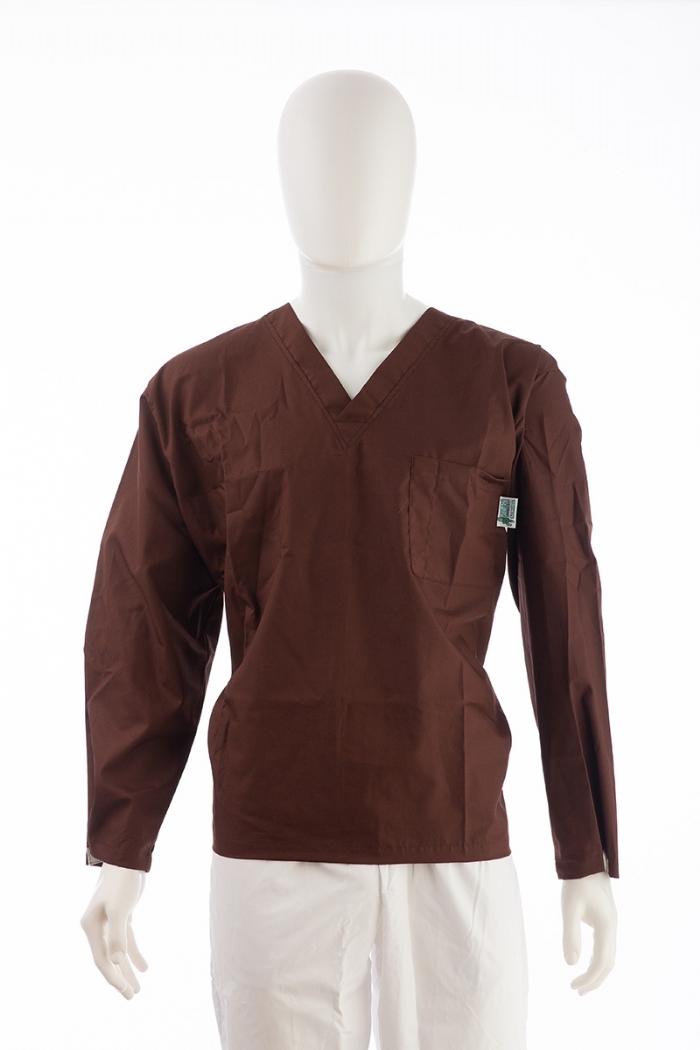 Brown Long Sleeve Scrub Top Velcro Cuff 100% Cotton