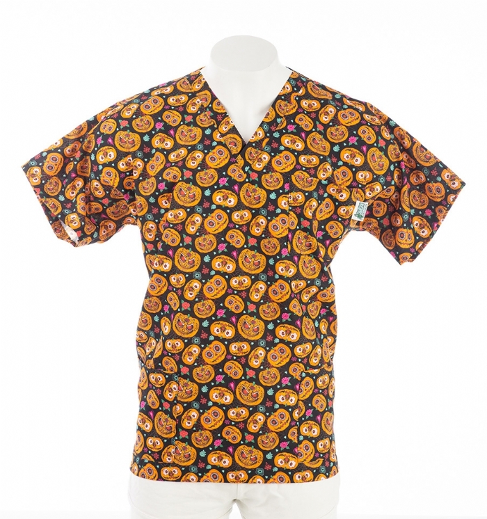 Halloween Happy Pumpkins Short Sleeve Scrub Top 100% Cotton