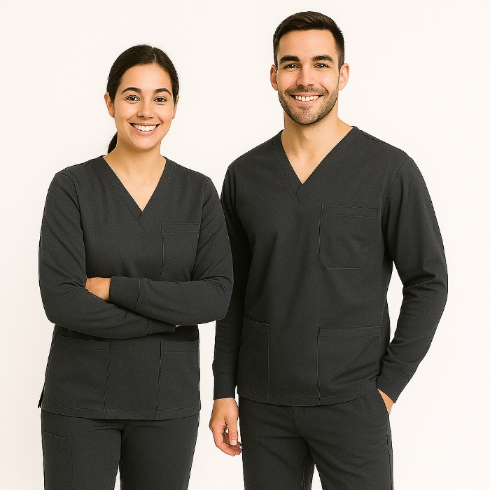 Dark Grey Long Sleeve Scrub Top Elastic Cuff 100% Cotton