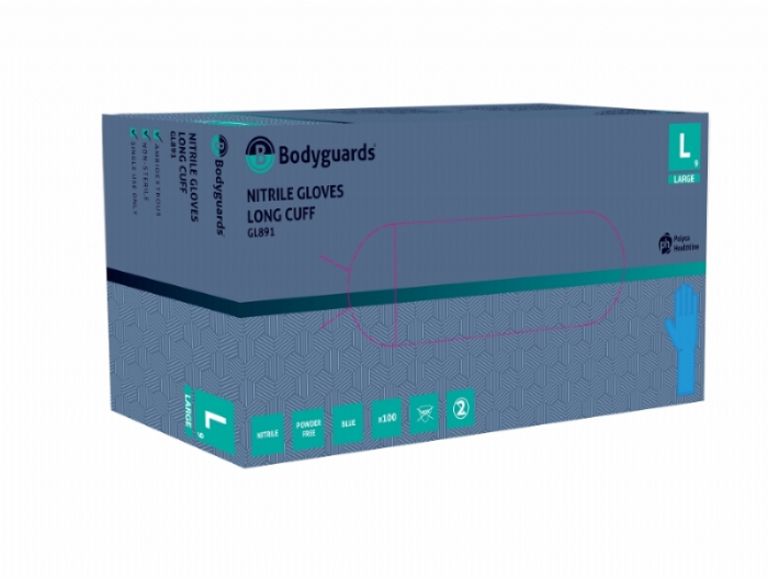 Polyco Healthline Bodyguards GL891 Blue Long Cuff Powder-Free Nitrile Exam Gloves – Latex Free Medical PPE