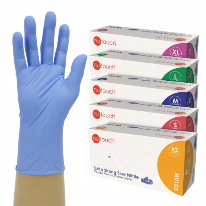 NU103 Nutouch Blue Extra Strong 9N Nitrile Powder-Free Disposable Gloves – Latex Free Heavy-Duty PPE