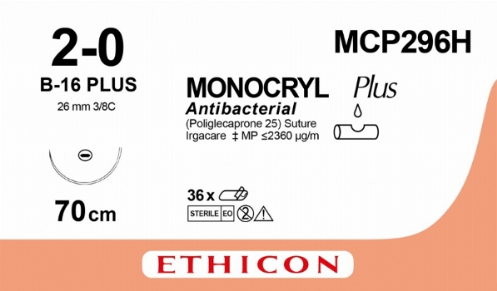 MONOCRYL Plus Antibacterial (poliglecaprone 25) Suture<br/>Size: MONOCRYL PLUS<br/>Colour: 2-0<br/>Style: non cutting