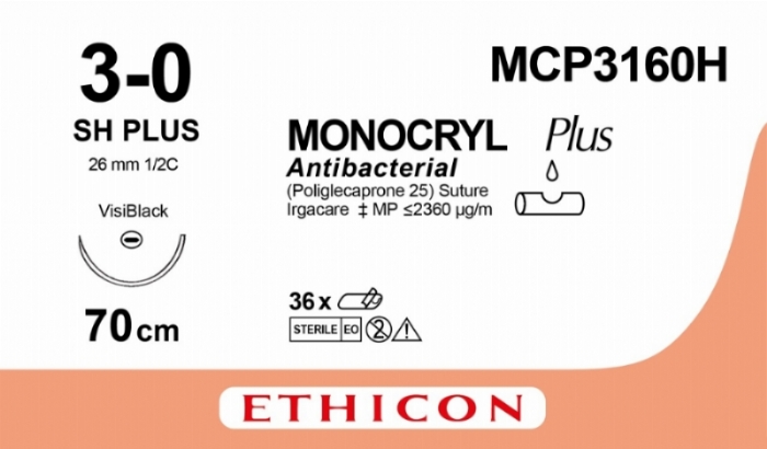 MONOCRYL Plus Antibacterial (poliglecaprone 25) Suture<br/>Size: MONOCRYL PLUS<br/>Colour: 3-0<br/>Style: non cutting