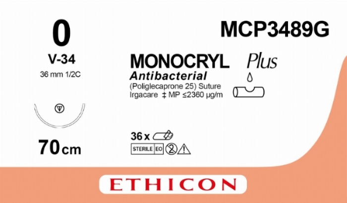 MONOCRYL Plus Antibacterial (poliglecaprone 25) Suture<br/>Size: MONOCRYL PLUS<br/>Colour: 0<br/>Style: non cutting