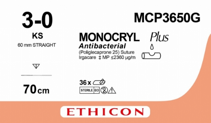 MONOCRYL Plus Antibacterial (poliglecaprone 25) Suture<br/>Size: MONOCRYL PLUS<br/>Colour: 3-0<br/>Style: cutting