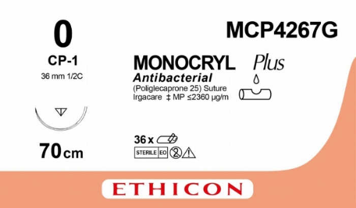 MONOCRYL Plus Antibacterial (poliglecaprone 25) Suture<br/>Size: MONOCRYL PLUS<br/>Colour: 0<br/>Style: cutting