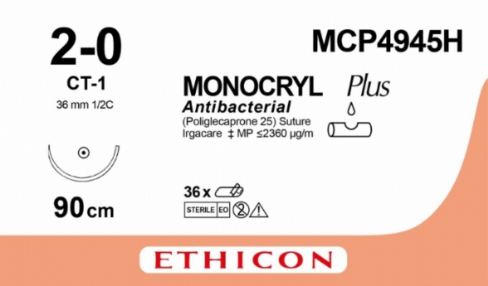 MONOCRYL Plus Antibacterial (poliglecaprone 25) Suture<br/>Size: MONOCRYL PLUS<br/>Colour: 2-0<br/>Style: non cutting