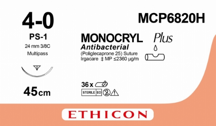 MONOCRYL Plus Antibacterial (poliglecaprone 25) Suture<br/>Size: MONOCRYL PLUS<br/>Colour: 4-0<br/>Style: cutting