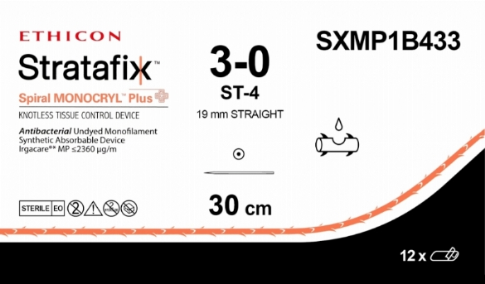 STRATAFIX Spiral Monocryl Plus Suture<br/>Size: STRATAFIX Spiral MONOCRYL Plus<br/>Colour: 3-0<br/>Style: non cutting