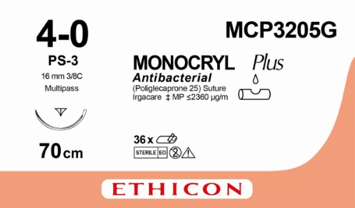 MONOCRYL Plus Antibacterial (poliglecaprone 25) Suture<br/>Size: MONOCRYL PLUS<br/>Colour: 4-0<br/>Style: cutting
