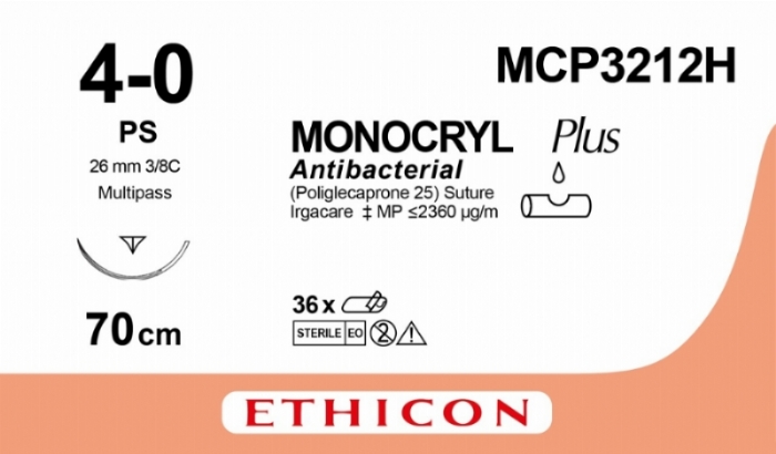 MONOCRYL Plus Antibacterial (poliglecaprone 25) Suture<br/>Size: MONOCRYL PLUS<br/>Colour: 4-0<br/>Style: cutting