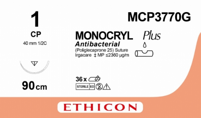 MONOCRYL Plus Antibacterial (poliglecaprone 25) Suture<br/>Size: MONOCRYL PLUS<br/>Colour: 1<br/>Style: cutting