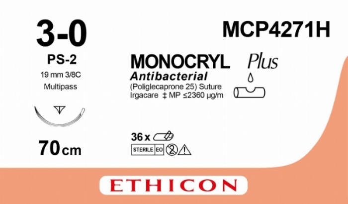 MONOCRYL Plus Antibacterial (poliglecaprone 25) Suture<br/>Size: MONOCRYL PLUS<br/>Colour: 3-0<br/>Style: cutting