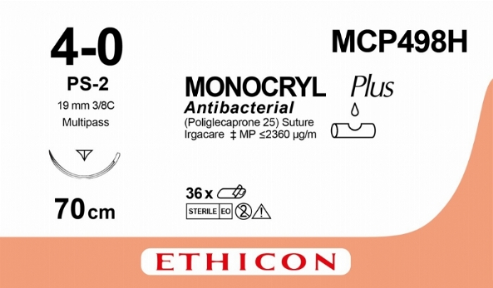 MONOCRYL Plus Antibacterial (poliglecaprone 25) Suture<br/>Size: MONOCRYL PLUS<br/>Colour: 4-0<br/>Style: cutting