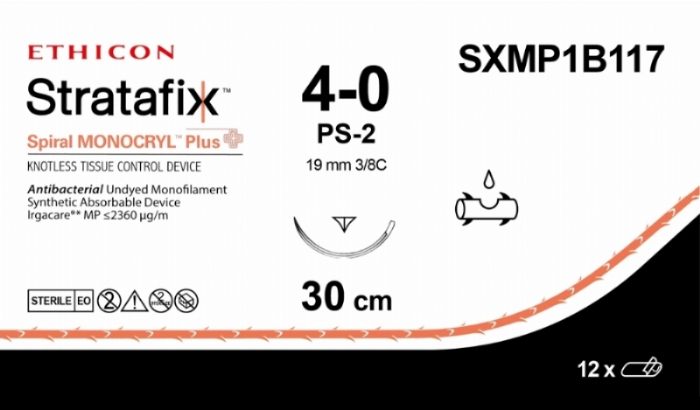 STRATAFIX Spiral Monocryl Plus Suture<br/>Size: STRATAFIX Spiral MONOCRYL Plus<br/>Colour: 4-0<br/>Style: cutting
