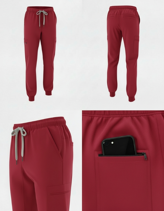 Red 100% Cotton Combat Scrub Trousers with Phone Pockets