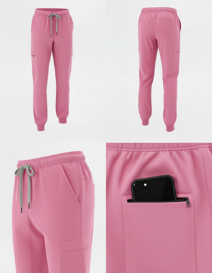 Pink 100% Cotton Combat Scrub Trousers with Phone Pockets