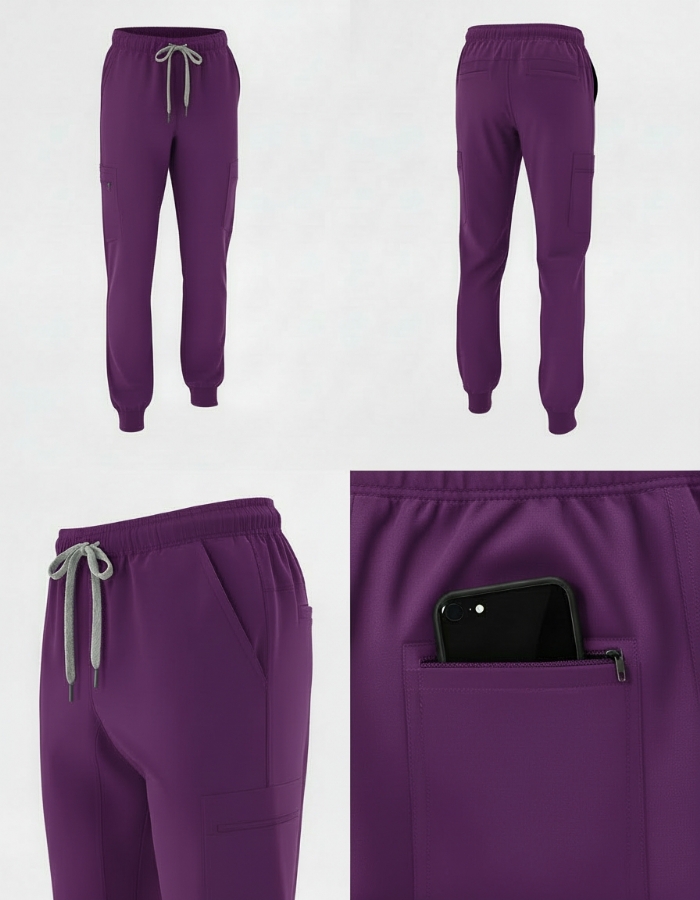 Purple 100% Cotton Combat Scrub Trousers with Phone Pockets