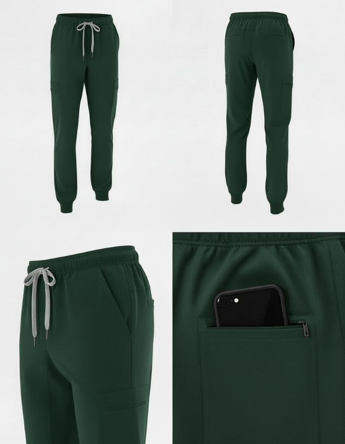 Bottle Green 100% Cotton Combat Scrub Trousers with Phone Pockets