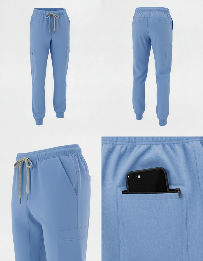 Light Blue 100% Cotton Combat Scrub Trousers with Phone Pockets