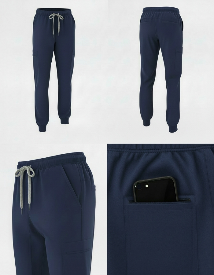 Navy 100% Cotton Combat Scrub Trousers with Phone Pockets