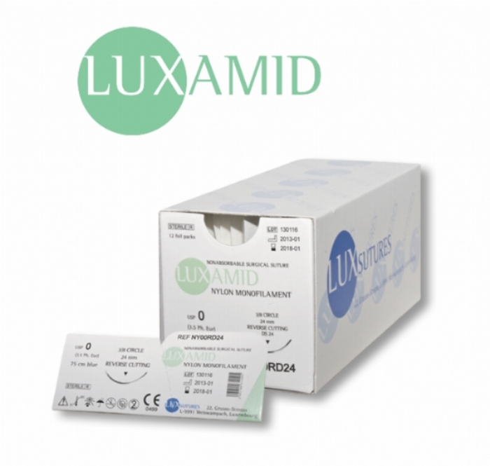 LUXAMID Nylon Non-Absorbable Monofilament Surgical Suture – USP 4/0 – 75 cm – Black – HS 17 (17 mm) Non-Cutting Round-Bodied (Taper) Needle (Box of 12)