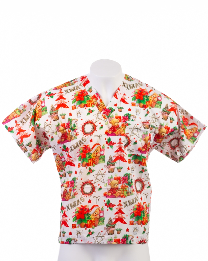 Teddy Bears Present Christmas Scrub Top – 100% Cotton – Unisex – Short Sleeve – V-Neck