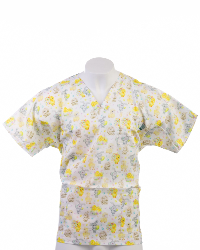 Springtime Bunny & Chick Easter Scrub Top – 100% Cotton – Unisex – Short Sleeve – V-Neck