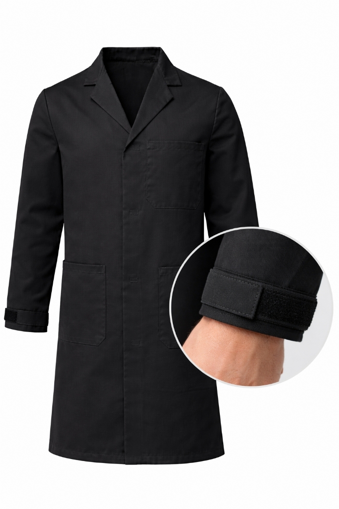 Autoclavable Lab Coat Velcro Cuffs - 100% Cotton Drill - Black