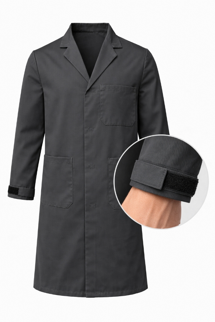 Autoclavable Lab Coat Velcro Cuffs - 100% Cotton Drill - Dark Grey