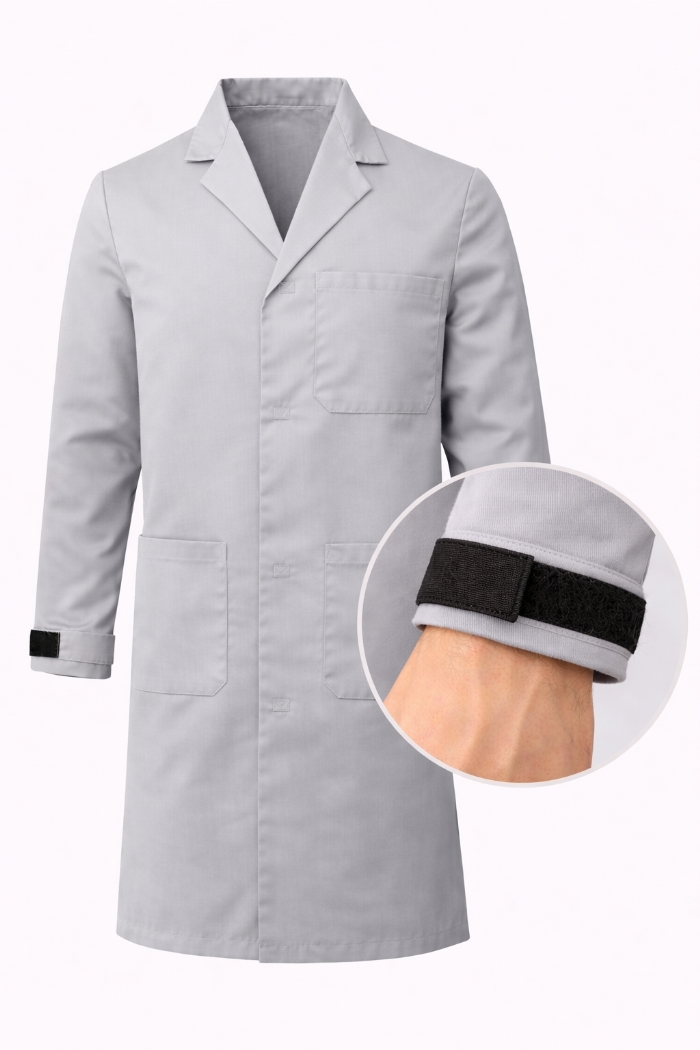 Autoclavable Lab Coat Velcro Cuffs - 100% Cotton Drill - Silver
