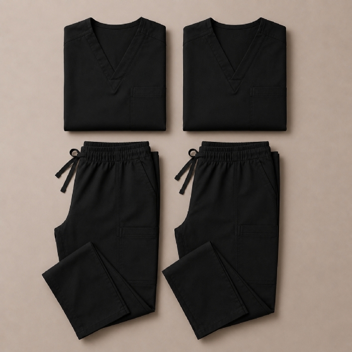 Black 100% Cotton Medical Scrub Bundle 2 Tops & 2 Trousers